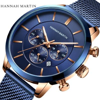 China Complete Calendar HANNAH MARTIN 2021 NEW BLUE Waterproof Stainless Steel Mesh Band Rose Gold Unisex Simple Design Japan Quartz Movement Men Watch for sale