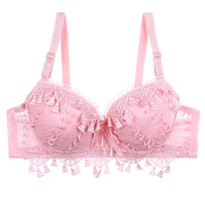 China QUICK DRY Japanese soft pink lingerie embroidered chest push up bra small lace tassel fringe maiden for women for sale