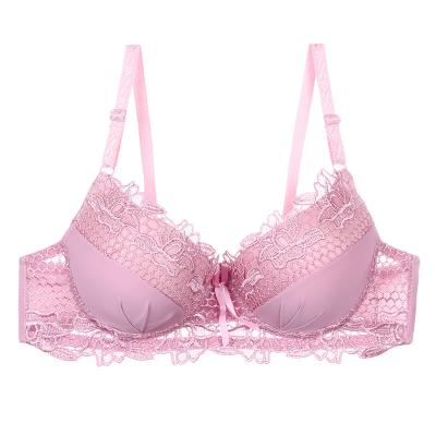 China QUICK DRY Japanese Big Boobs Hallow Pink Lace Bra Women Pump Underwire Ladies Bra and Underwear for sale