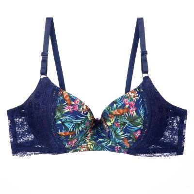 China Size C Breathable Charming Flower Printing Running Underwear Big Cup Breathable Under Cable Lace Woman Push Up Bra for sale