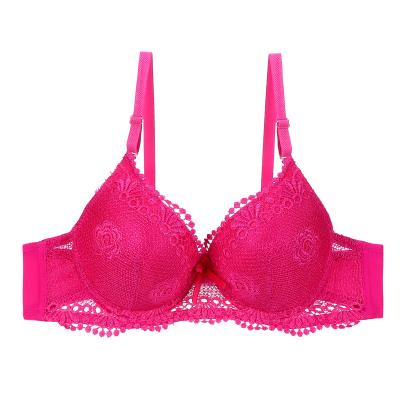 China Breathable Sexy Hot Pink Flower Embroidered Lace Underwire Chest Cup B Cup Size Full Padded Push Up Girls Bra for sale