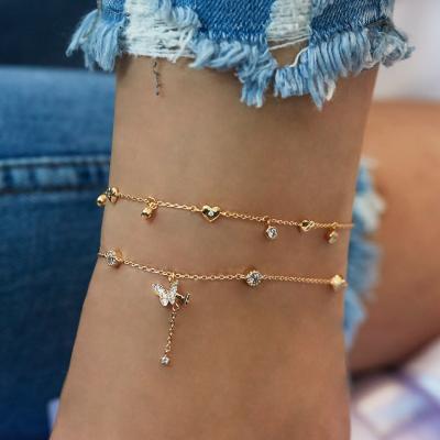 China Europe Summer New Arrival Simple Design Double Layers Fashionable Gold Plated Heart Butterfly Chain Anklet BHAP020 for sale