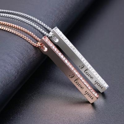 China CLASSIC Four Sides Engraving Personalized Custom Made Rose Gold Plated Stainless Steel Crystal Place Bar Name Pendant Necklace BHNP076 for sale