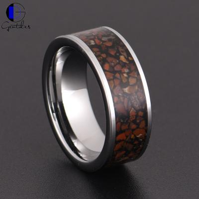 China Gentdes Romantic Jewelry Men High Polished Tungsten Rings Inlay Red Dinosaur Bone For Wedding Bands for sale