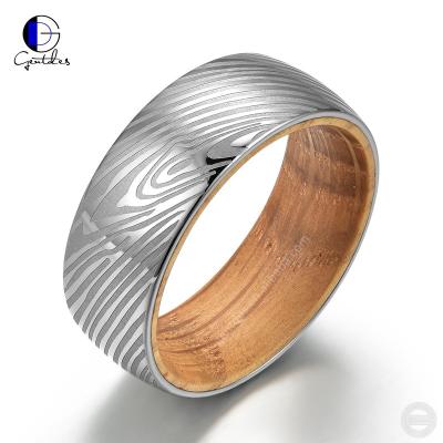 China Gentdes Jewelry Stainless Steel CLASSIC Laser Damascus Ring Whiskey Barrel Wood Ring for sale