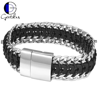 China Gentdes Stainless Steel Jewelry Silver Stainless Steel Leather Bracelet For Men for sale