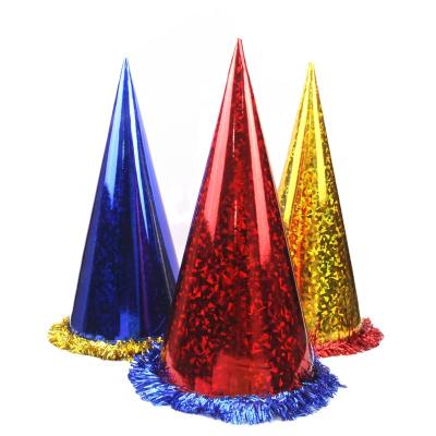 China Cute Circular Christmas Ychon Cone Birthday Hat Fringed Foil Cone Party Hats Supplies For Kids And Adults Birthday Party for sale