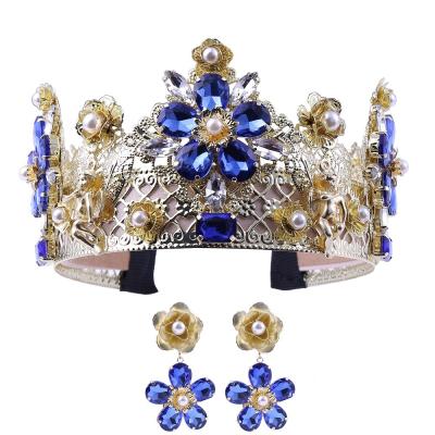 China Vintage Crown Beauty Pageant Crown Set Flower Crown Blue Stone Prom Party for sale