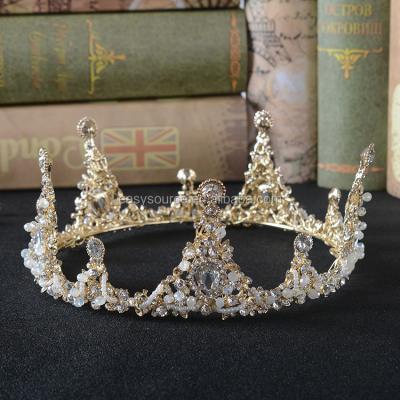 China Baroque Crown Tiara Handmade Beaded Crown Vintage Queen Full Round Big Crown for sale