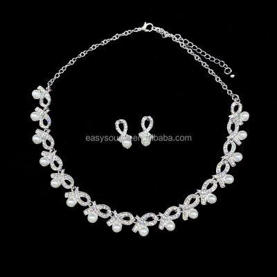 China CLASSIC RE4349 Rhodium Rhinestone Pearl Necklace Earrings Wedding Jewelry Set For Women Girls Party Jewelry Accessories for sale