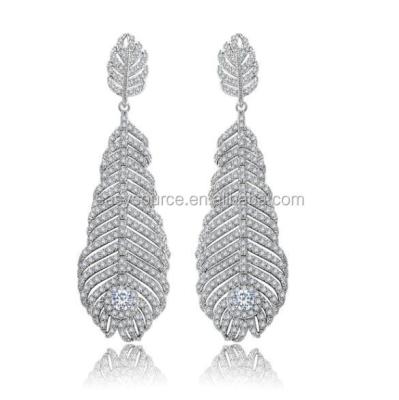 China Eco-Friendly Zircon Earrings Design Large Feather Leaf Earrings Drops Bridal Dangle Silver Earrings for sale