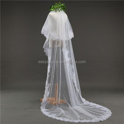 China Flower 2 Tier Cathedral Length Veils Lace Veils 3m Long Wedding Veils for sale