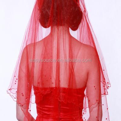 China Fit Newcomer Red 1 Tier Handmade Beads Edged Elbow Wedding Accessories Bridal Veil for sale