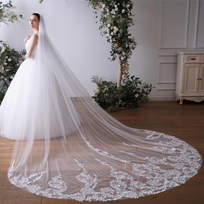 China Long Bridal Veil Wedding Rhinestone RESV34 With Large Lace 3.5 Meters 1 Tier Long Cathedral Veil for sale