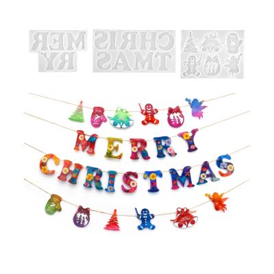 China DIY Viable Resin Christmas Flag Letter Merry Christmas Mirror Silicone Epoxy Mold for sale