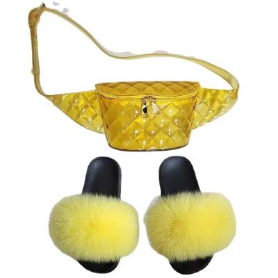 China Fashion Custom Shoes and Bag Sets High Quality PVC Purse Match Fur Purse Set Handbag and Fox Fur Slides Sets Waist Bag for sale