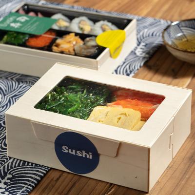 China Eco Friendly Eco Friendly Wooden Take Out Meal Box With Window Food Container Plastic Wooden Paper Boxes for sale