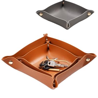 China Creative Viable PU Leather Foldable Home Key Coin Deco Organizer Tray Jewelry Accessories Storage Tray for sale