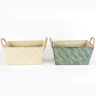 China New Viable Leaf Print Velvet Storage Basket With PU Handle Home Deco Sundries Cosmetic Storage Organizer for sale