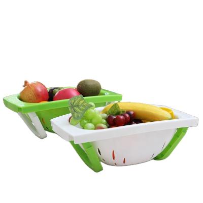 China Hot Selling Plastic Drain Basket Folding With Universal Folding Handle Storage In Kitchen 2 In 1 Basket for sale