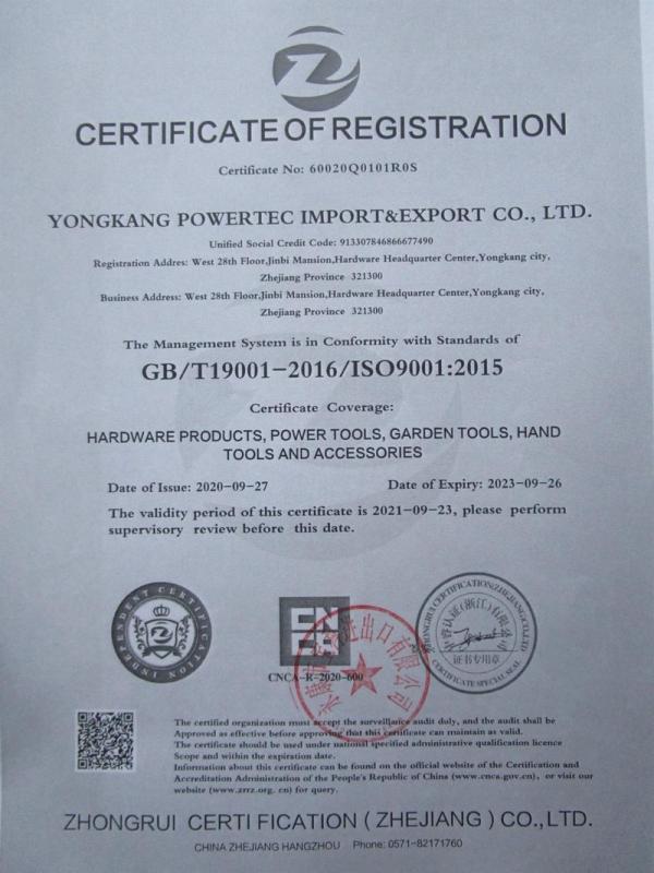 ISO9001 - Yongkang Powertec Import & Export Co., Ltd.