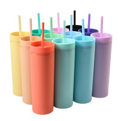 China 16oz PORTABLE Tumbler Matt Frosted Double Wall Skinny Custom LOGO Plastic Tumbler with Straw for sale