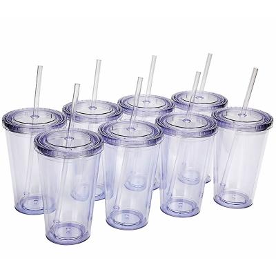 China 16oz 24oz Drinking Cup Transparent Portable Straw Plastic Tumbler Double Layer for sale