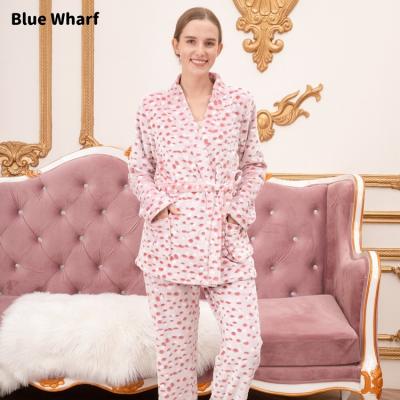 China 260g Flannel Polyester Long Adult Women Pink Luxury Winter 2pc Pajama Sets QUICK DRY Warm Full Home Wear for sale