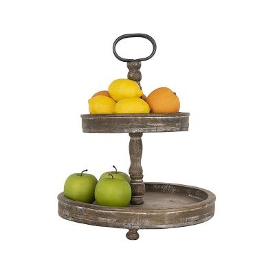 China Round Tiered Wooden Tray Stand 082510 Farmhouse Distressed Kitchen 2 Tiered Style Double Layer Baking Country Wood Vintage Retro for sale