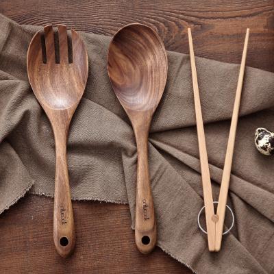 China Viable Dual Function Fork Integrated Household Salad Mixing Japanese Mini Tongs Outdoor Set Wooden Spoon for sale