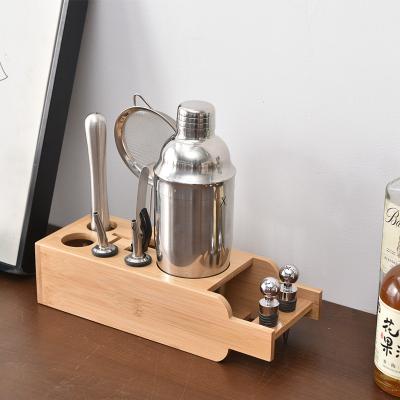 China Single Viable Shaker Storage Wooden 750ml Low Bar Shelf Gold Bamboo Wine Cocktail Rack for sale