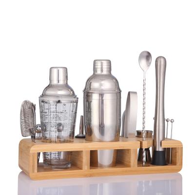 China Viable Wooden Frame Base Fancy Tool Bar Cup Suit 750ml Drink Kit Cocktail Shaker Stand With 11 Piece Set for sale