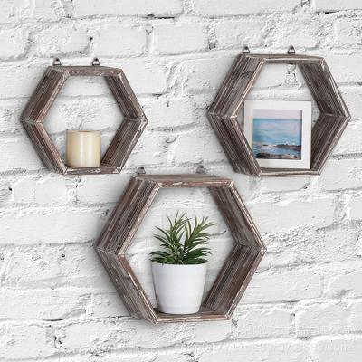 China Europe Living Room Divider Hexagonal Mounted Geometric Lattice Carve Art Wood Wall Hanging Custom Home Decoration Shelf for sale