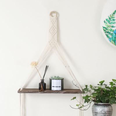 China Handmade Woven Simple Home Hanging Decoration Art Wooden Wall Shelf Europe Pure Cotton Yarn Pendant Bedroom Dining Room Christmas Sign for sale