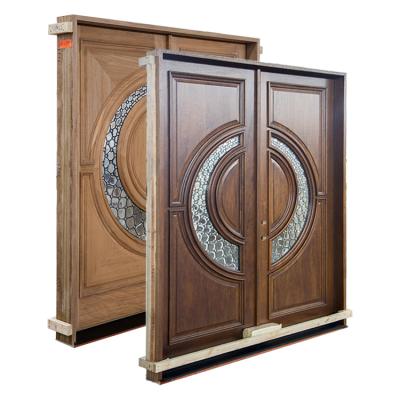 China Prettywood Traditional Solid Wood Mahogany Traditional Design Double Exterior Front Door For House Entrance for sale