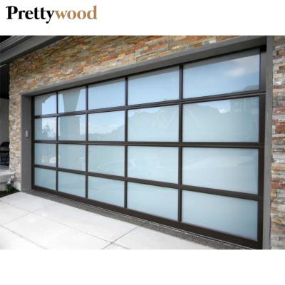 China Prettywood Waterproof Modern Automatic Insulated Sectional Frosted Glass Panel Garage Door Price for sale