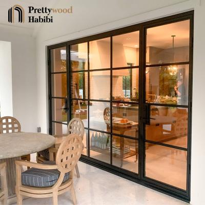 China Prettywood Waterproof Modern Villa Galvanize Glass Steel Windproof Tempered Insulated Commercial Double Glass Door for sale