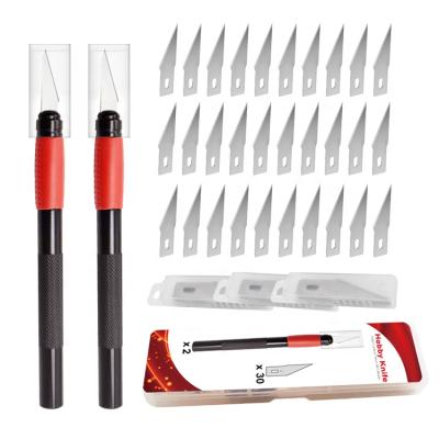 China Quick-Change 2 Piece Open Hobby Knife With 30 Pieces Knife Set Craft Precision Blades #2 Stainless Steel for sale