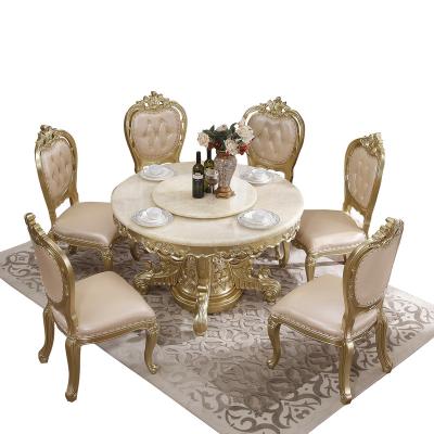 China Luxury Champagne Table Set Golden Round Carved Solid Wood Dining Table European European Style Villa for sale