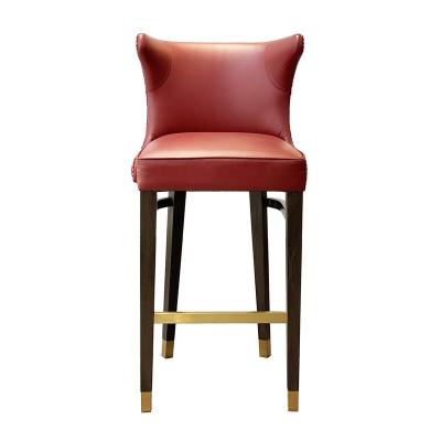 China Restaurant Modern Luxury Furniture Design Red Velvet Nailheads Upholstery And Buttons Adorned High Back Bar Stool for sale