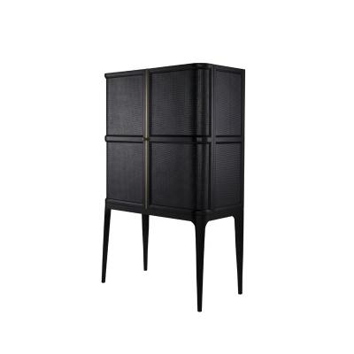 China Hot Sale Modern Customized Living Room Furniture Black Leather Wrapping Curved Door Designs Wood Frame Tall Wine Cabinet for sale