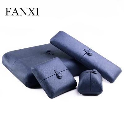 China Wholesale Custom Plastic Leather Wrapped With Blue PU Leather Jewelry Case For Ring Earrings Necklace Bracelet And Bracelet Packaging Box for sale