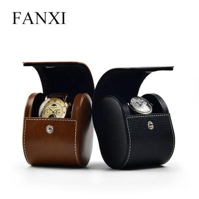 China FANXI Factory Wholesale Custom Black Leather Watch Box With Sewing Brown Round Jewelry Boxes Watch Box Packaging for sale