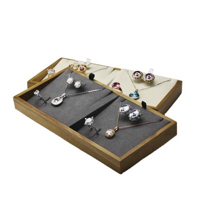 China Rings Show Custom FANXI Jewelry Display Tray With Beige Gray Microfiber Insert For Chain Display Natural Wood Bead Tray for sale