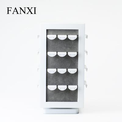 China Exquisite White Lacquer Solid Wooden Rotating Earrings FANXI Display Stand Cabinet Jewelry Store Stock Exhibitor Ear Stud Holder With Velvet Acrylic Pads Tall Lacquer Earrings wooden display stand for sale