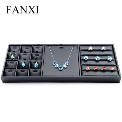 China Custom Wholesale Factory Custom Stackable Black PU Jewelry Exhibitor Organizer for Necklace Pendants and Rings Jewelry Leather Trays for sale