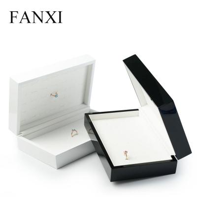 China Luxury Lacquer Wood Ring Case with Tray Glossy Lacquer Foldable Wedding Ring Holder PU Slot Jewelry Display Tray Luxury Exhibitor FANXI Wooden Jewelry Ring Display counter leather for sale