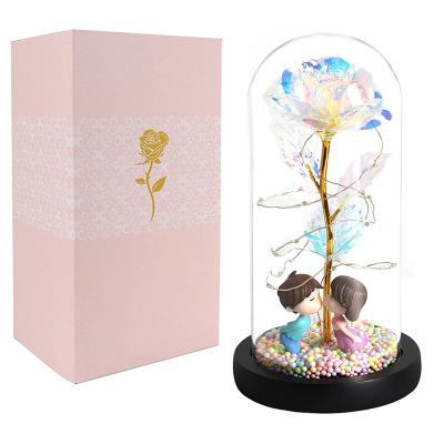 China Beauty Decorations 2021 Galaxy Rose Flower In Glass Dome 24k Gold Foil Glitter Twigs Christmas Flowers For Girlfriend Birthday Xmas Gift for sale