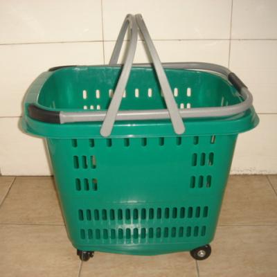 China MOQ 50L supermarket rolling cart with 4 wheels, shopping cart, plastic basket CS-PW608 for sale