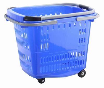 China MOQ 20 PCS 50L Supermarket Folding Handles Trolley Plastic Rolling Shopping Basket With 4 Wheels CS-PW608 for sale